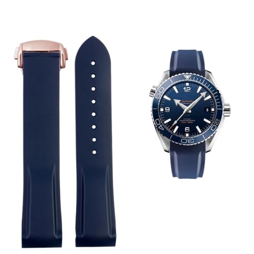 20 mm 22 mm Silikon-Gewölbtes wasserdichtes Armband Passend for Omega Planet Ocean 600 AT150/007 Passend for Seamaster 300(Blue Rose Gold,20mmx18mm(buckle)) von PctkeLsend