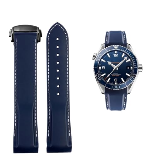 20 mm 22 mm Silikon-Gewölbtes wasserdichtes Armband Passend for Omega Planet Ocean 600 AT150/007 Passend for Seamaster 300(Blue White Black,22mmx20mm(buckle)) von PctkeLsend