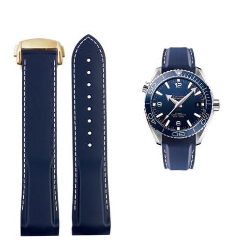 20 mm 22 mm Silikon-Gewölbtes wasserdichtes Armband Passend for Omega Planet Ocean 600 AT150/007 Passend for Seamaster 300(Blue White Gold,22mmx20mm(buckle)) von PctkeLsend