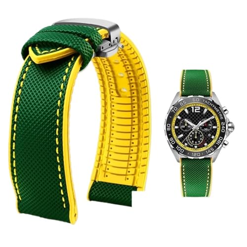 PctkeLsend 19–24 mm wasserdichtes Uhrenarmband aus Canvas und Nylonkautschuk for Herren, passend for Breitling/Omega/IWC/Citizen/TUDOR/Hamilton(Green Yellow silverB,24mm) von PctkeLsend