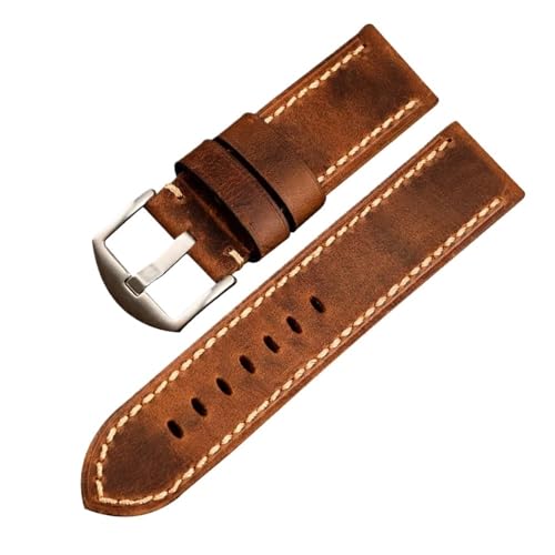 PctkeLsend 20, 22, 24, 26 mm Herren-Armband aus handgefaltetem Leder, passend for die Bronzeuhr PAM111 441(B silver buckle,26mm) von PctkeLsend