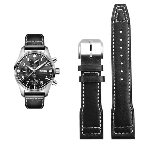 PctkeLsend 20 mm 21 mm Rindslederarmband passend for IWC Pilot Watch(Black white-Steel,21x18mm) von PctkeLsend