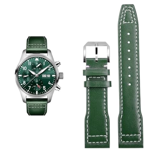 PctkeLsend 20 mm 21 mm Rindslederarmband passend for IWC Pilot Watch(Green white-Steel,21x18mm) von PctkeLsend