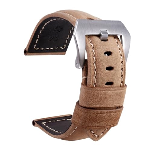 PctkeLsend Herren-Armband aus Wildleder und Rindsleder mit Metall-Dornschließe, passend for Panerai PAM441 386 111(Khaki silver,24mm) von PctkeLsend
