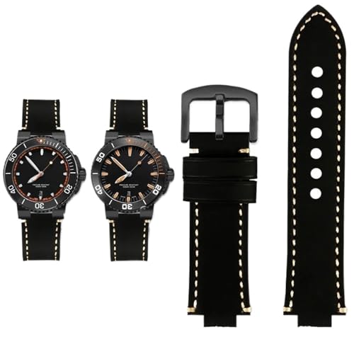 PctkeLsend Herren-Retro-Armband aus mattiertem Rindsleder mit konvexer Öffnung, passend for ORIS Diving AQUIS 7730 7740, 24 x 12, 24 x 11 mm(Black white black,24mm-11mm) von PctkeLsend