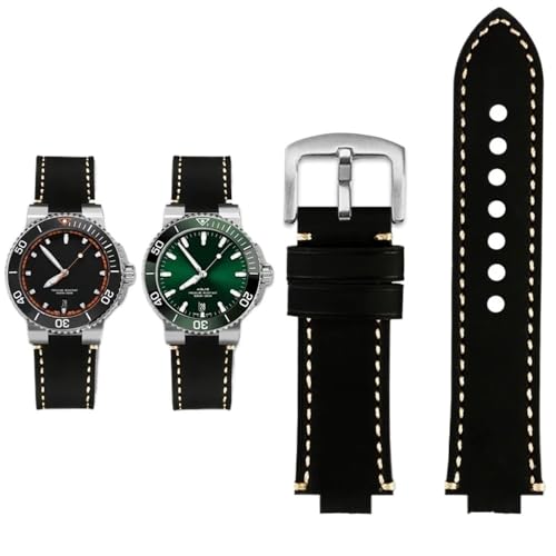 PctkeLsend Herren-Retro-Armband aus mattiertem Rindsleder mit konvexer Öffnung, passend for ORIS Diving AQUIS 7730 7740, 24 x 12, 24 x 11 mm(Black white silver,24mm-11mm) von PctkeLsend