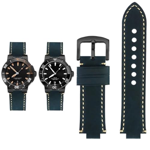 PctkeLsend Herren-Retro-Armband aus mattiertem Rindsleder mit konvexer Öffnung, passend for ORIS Diving AQUIS 7730 7740, 24 x 12, 24 x 11 mm(Blue black,24mm-12mm) von PctkeLsend