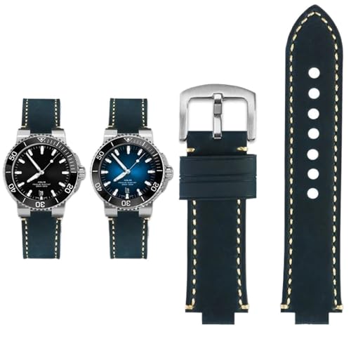PctkeLsend Herren-Retro-Armband aus mattiertem Rindsleder mit konvexer Öffnung, passend for ORIS Diving AQUIS 7730 7740, 24 x 12, 24 x 11 mm(Blue silver,24mm-11mm) von PctkeLsend