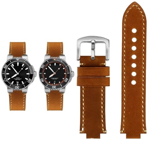 PctkeLsend Herren-Retro-Armband aus mattiertem Rindsleder mit konvexer Öffnung, passend for ORIS Diving AQUIS 7730 7740, 24 x 12, 24 x 11 mm(Brown silver,24mm-11mm) von PctkeLsend