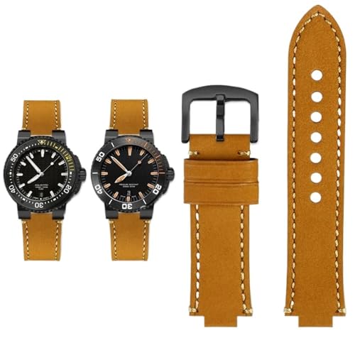 PctkeLsend Herren-Retro-Armband aus mattiertem Rindsleder mit konvexer Öffnung, passend for ORIS Diving AQUIS 7730 7740, 24 x 12, 24 x 11 mm(Khaki black,24mm-11mm) von PctkeLsend