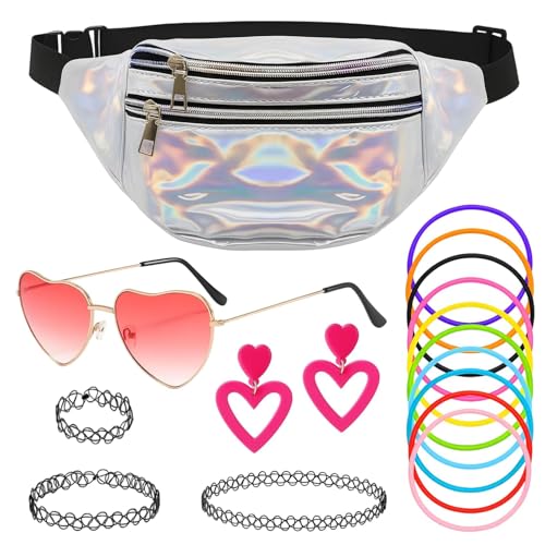 17 Stück 90er Jahre Accessoires, Retro Party Outfit für Damen, 90er Jahre Outfit Damen mit Silberner Bauchtasche und Rosa Herzbrille, Tattoo Kette 90er für Musikfestivals und Disco Parties von PcvGef
