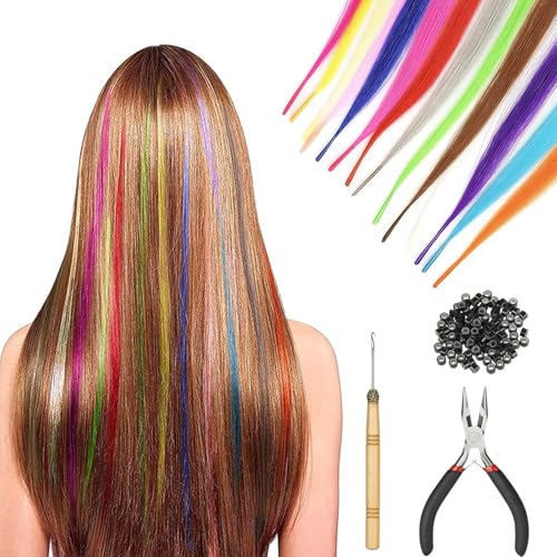 50 Stück Bunte Haarsträhnen Kinder Set, Hair Extensions, Haarverlängerungen, Braids Extensions Mit Zubehör, Zum Einklipsen Für Cosplay Und Partys, Inklusive 1 Schere, 1 Häkelnadel Und 50 Perlen von PcvGef