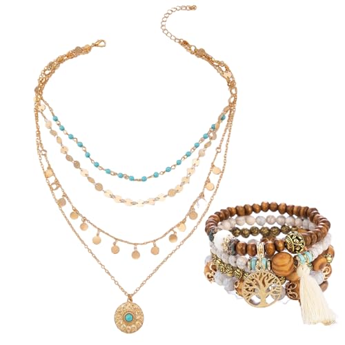 Boho Schmuck Damen, 2 Stück Boho Schmuck Set, Multilayer Halskette und Armband, Türkis Perlen, Alltags- und Festtagsmode, 37.5cm Kette, 6.5cm Armband von PcvGef