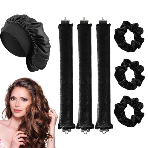 Heatless Curls Band Set Mit 3 Lockenwicklern, 3 Haargummis & 1 Schlafhaube FüR SchöNe, VoluminöSe Locken üBer Nacht – Einfach Anwendbar, Bequem FüR Damen, Schwarz von PcvGef