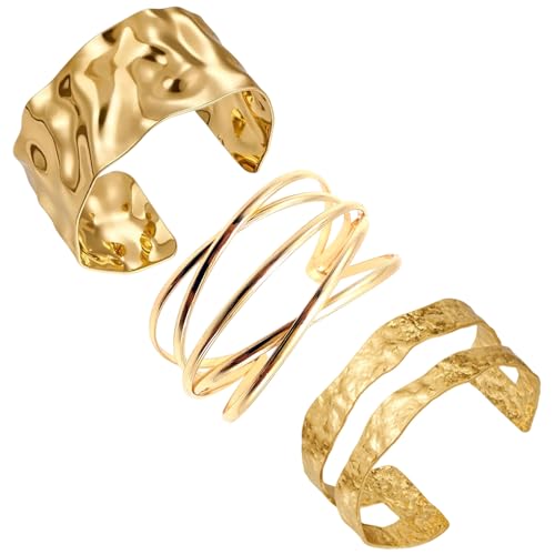 PcvGef 3 Stück Armreif Gold, Vintage Schmuck Armreifen Gold Damen, Elegante Bangles für Hochzeit Party Alltag, Verstellbare Offene Armreife von PcvGef
