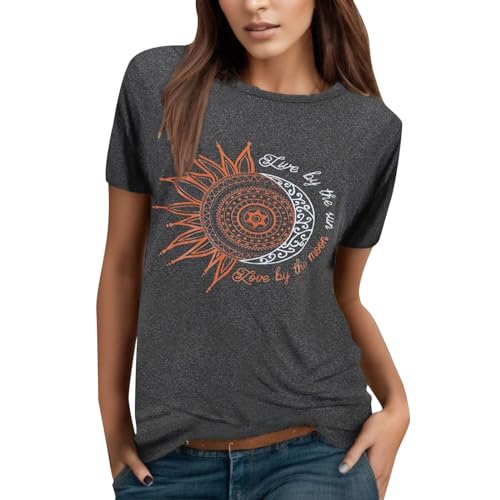 Blusen & Tuniken Für Damen - Sonne-Mond-Druck Sport Top,Frauen Lässig Tshirt Oberteil Große Größen Festlich Shirt Pullover Top Langarmshirt Sportlich Modern Bluse Longshirt von Pdakieyxnd