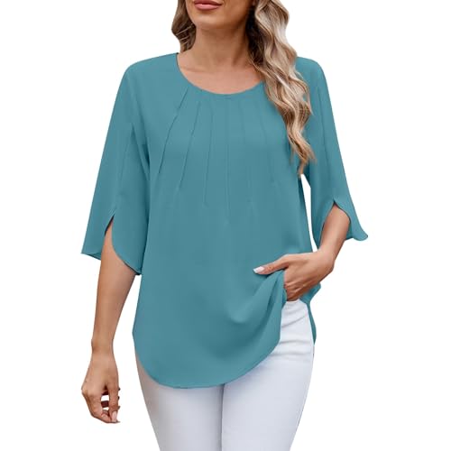 Chiffon Bluse Damen Elegant Fledermausärmel Oberteile - Leicht 3/4 Ärmel Chiffonbluse Tunika Einfarbig Rundhals V Ausschnitt Festliche Blusen Leicht Sommer Shirt Hemd von Pdakieyxnd