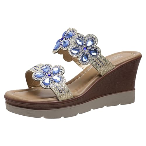 Damen Pantoletten Sommer - Frauen Sommer Pantoletten Sandalen Glitzer Festliche Mules Schlupfschuhe Plateau Mit Keilabsatz Schicke Espadrilles Mit Absatz Hausschuhe Blau von Pdakieyxnd