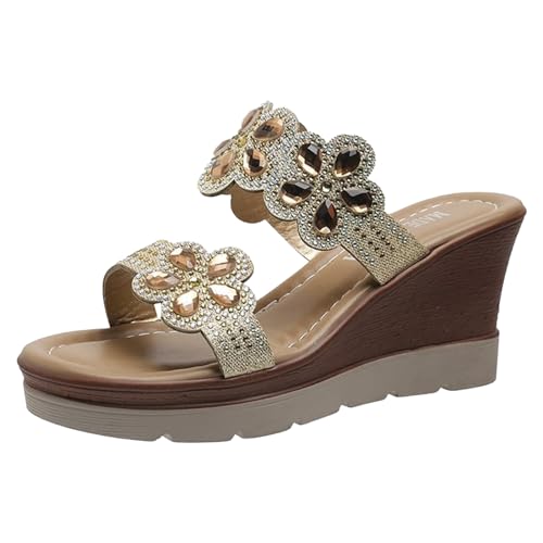 Damen Pantoletten Sommer - Frauen Sommer Pantoletten Sandalen Glitzer Festliche Mules Schlupfschuhe Plateau Mit Keilabsatz Schicke Espadrilles Mit Absatz Hausschuhe Gold von Pdakieyxnd