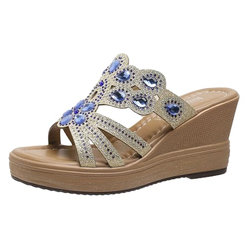 Damen Pantoletten Sommer - Sommer Mit Keilabsatz Sandalen Hausschuhe Mit Absatz Schicke Schlupfschuhe Espadrilles High Heels Frauen Festliche Mules Glitzer Pantoletten Blau von Pdakieyxnd