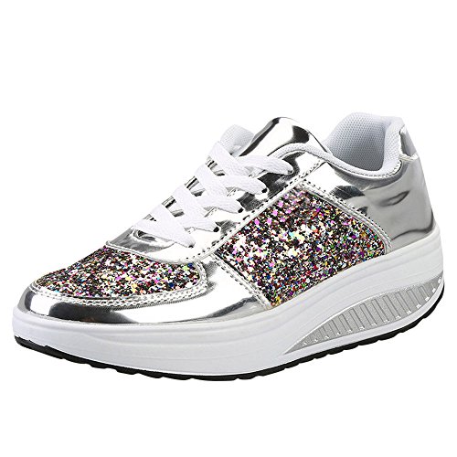 Damen Sportschuhe Weiss Sportschuhe Dicke Sohlen Pailletten Flache Schuhe Glitzer Keilabsatz Schnürschuhe Jogging Hoch Freizeitschuhe Frauen rutschfest Laufschuhe Gym Sneaker von Pdakieyxnd