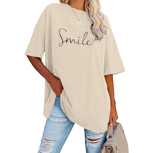 Longbluse Damen Lässig Für Leggings Grosse Grössen Tshirts - Smile Rundhals Lang Bluse, Oversized Lose Kurzarm T-Shirt Oberteile Frauen Lässig Longshirt Mode Baumwolle Tunika Top von Pdakieyxnd