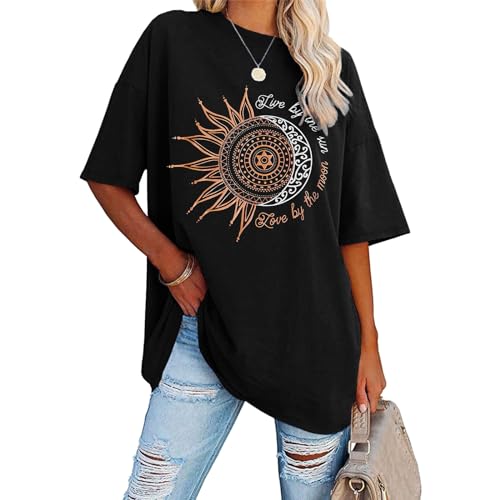 Longshirt Damen Lässig für Leggings Oversize T Shirt - Brief T-Shirt Kurzarm Sommer Tunika Top, Sport Rundhals Oversize Oberteile mit Buchstaben Druck Lose Lang Bluse von Pdakieyxnd