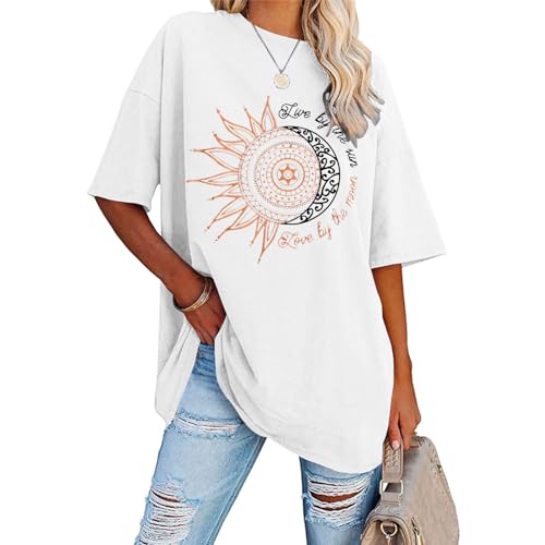 Longshirt Damen Lässig für Leggings Oversize T Shirt - Brief T-Shirt Kurzarm Sommer Tunika Top, Sport Rundhals Oversize Oberteile mit Buchstaben Druck Lose Lang Bluse von Pdakieyxnd