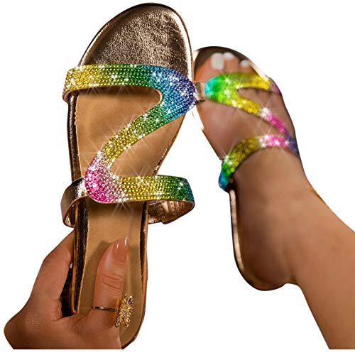 Pantoletten Damen Mit Absatz Böhmen Strass Hausschuhe Badelatschen Strand Pumps Latschen Sommer Schuhe Bequem Weiche Memory Foam Flip Flop Pantoletten Glitzer Peep Toe von Pdakieyxnd