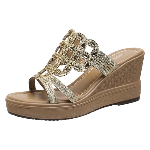 Pantoletten Damen Sommer - Damen Plateau Pantoletten Hausschuhe Bequem Schicke Espadrilles Schlupfschuhe Schlappen High Heels Festliche Mules Frauen Sandalen Gold von Pdakieyxnd