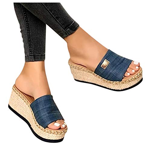 Pantoletten Damen Sommer - Elegant Damen Hausschuhe Sandalen mit Keilabsatz Schicke Schlupfschuhe Espadrilles mit Absatz Schlappen Festliche Mules Glitzer Pantoletten Blau von Pdakieyxnd