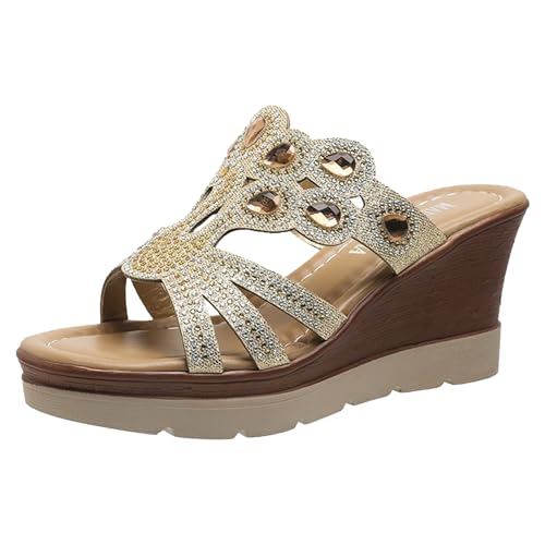 Pantoletten Damen Sommer - Elegant High Heels Hausschuhe Sandalen Damen Schicke Mules Schlupfschuhe Mit Absatz Frauen Festliche Espadrilles Mit Keilabsatz Pantoletten Gold von Pdakieyxnd