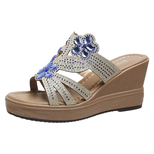 Pantoletten Damen Sommer - High Heels Elegant Sandalen Pantoletten Plateau Schicke Mules Schlupfschuhe Schlappen Frauen Festliche Espadrilles Damen Hausschuhe Blau von Pdakieyxnd