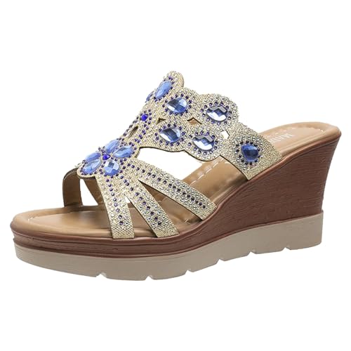 Pantoletten Damen Sommer - Mit Absatz Bequem Sandalen Hausschuhe Plateau Festliche Mules Schlupfschuhe Elegant High Heels Schicke Espadrilles Glitzer Pantoletten Blau von Pdakieyxnd