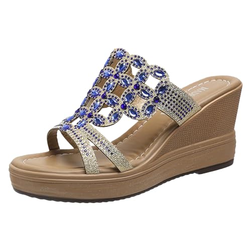 Pantoletten Damen Sommer - Mit Absatz Damen Hausschuhe Pantoletten Elegant Schicke Schlupfschuhe Mules Sommer Plateau Festliche Espadrilles Schlappen Sandalen Blau von Pdakieyxnd