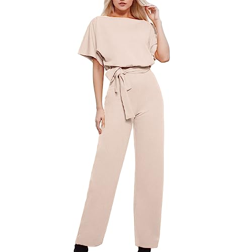 Pdakieyxnd 2 Teiler Damen, Zweiteiler Damen Elegant Dolman-Ärmel Hosenanzug Festlich Playsuit Romper mit Gürtel Jumpsuit Damen Elegant Festlich(01 Beige,XXL) von Pdakieyxnd