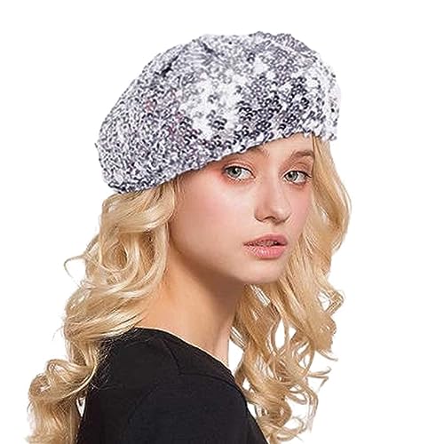 Pdakieyxnd 2024 Hippie Accessoires Damen Baskenmütze Mit Glitzernden Pailletten Glänzende Mädchen Mütze Glitzernde Glänzende Tanzhüte Fasching Accessoires Clubwear Cosplay(03 Silver) von Pdakieyxnd