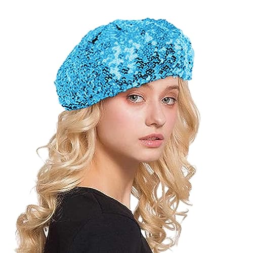 Pdakieyxnd 2024 Hippie Accessoires Damen Baskenmütze Mit Glitzernden Pailletten Glänzende Mädchen Mütze Glitzernde Glänzende Tanzhüte Fasching Accessoires Clubwear Cosplay(A Sky Blue) von Pdakieyxnd