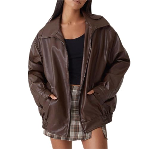 Pdakieyxnd Damen Lederjacken Oversized Vintage Jacke Faux Motorrad Biker Mantel Pu Moto Varsity Bomber Cardigan Jacken Herbst Outwear Streetwear Bomberjacke Leder Jacket Woman(01 Brown,L) von Pdakieyxnd