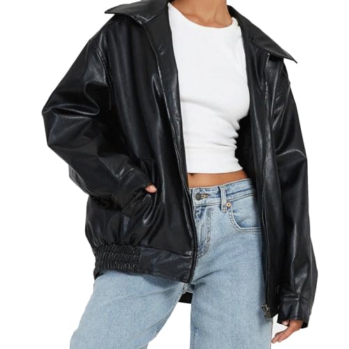 Pdakieyxnd Damen Lederjacken Oversized Vintage Jacke Faux Motorrad Biker Mantel Pu Moto Varsity Bomber Cardigan Jacken Herbst Outwear Streetwear Bomberjacke Leder Jacket Woman(02 Black,L) von Pdakieyxnd