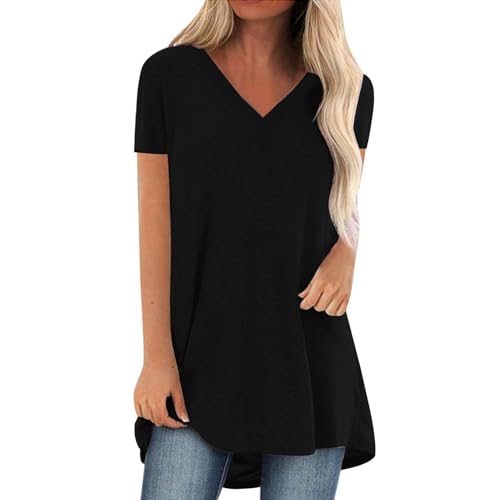 Pdakieyxnd Damen Longshirt Sommer Kurzarm Tshirt - Smile Rundhals Tunika Blusen Große Größen Bunte Basic Shirts Casual Longbluse Locker Lässig Lang Shirts Schwarz von Pdakieyxnd