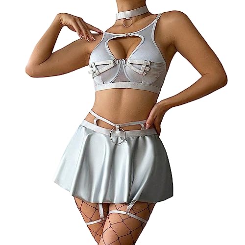 Pdakieyxnd Dessous Damen Sexy Unterwäsche,Sklavin Outfit Erotische Dessous-Sets Sex Kleidung Erotische Bodys Leder BH Frauen Sexy Kinky Outfit Nuttiges Outfit Erotiek Wäsche Für Frauen (A1-Silver, L) von Pdakieyxnd