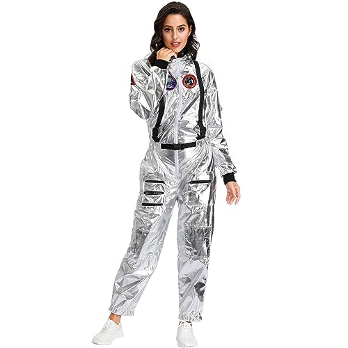 Pdakieyxnd Glitzer Anzug Damen: Metallic Silber Herren Damen Astronauten Kostüm Erwachsene Kostüm Astronaut Metallic Jumpsuit Weltall Raumfahrer Overall Karneval Fasching(01 Silver-damen,L) von Pdakieyxnd