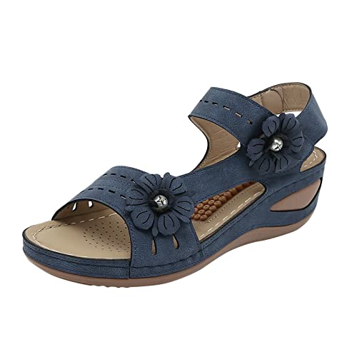 Pdakieyxnd Pantoletten Damen Sommer - Sandalen Damen Kork-Fußbett Pantoletten Damen Flach Rutschfest Sommer Badelatschen mit Verstellbarer Rieme Blau von Pdakieyxnd