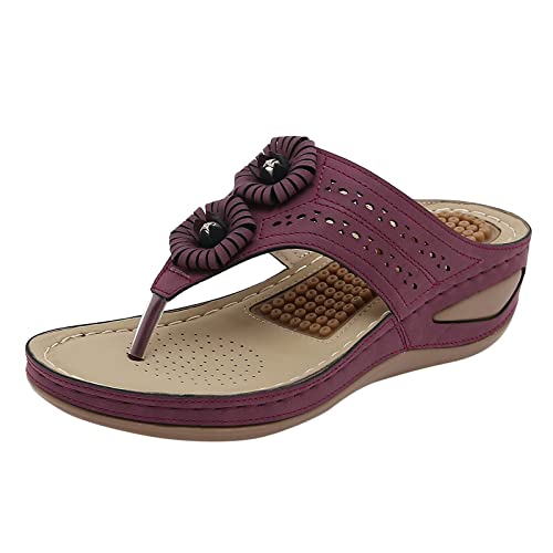 Pdakieyxnd Pantoletten Damen Sommer - Sandalen Damen Kork-Fußbett Pantoletten Damen Flach Rutschfest Sommer Badelatschen mit Verstellbarer Rieme Lila von Pdakieyxnd