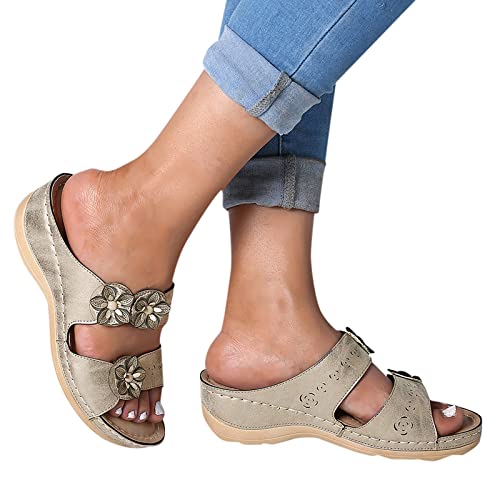 Pdakieyxnd Plateau Sandalen Damen Sommer Platform Pantoletten - Schlappen Bequeme Slide Blumen Clogs Mules Kork Sommerschuhe Slipper Dicken Sohle Slides Rutschfest Hausschuhe Hellgrau von Pdakieyxnd