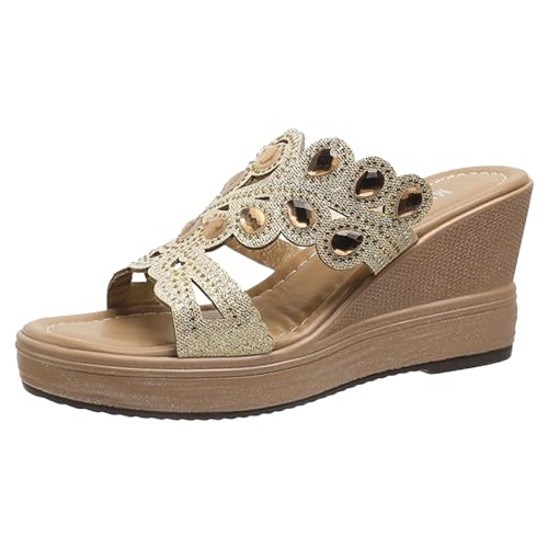 Pdakieyxnd Sandalen Damen Sommer - Glitzer Frauen Sandalen Hausschuhe Sommer Schicke Mules Espadrilles Bequem High Heels Festliche Schlupfschuhe Damen Pantoletten Gold von Pdakieyxnd