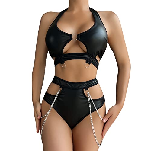 Pdakieyxnd Sexy Dessus Lack Und Leder Sexy Frauen BDSM Dessous Swingerclub Outfit Lederkleid Damen Schwarz Sexy Latex Kleidung Kinky Outfit Sexy Desous Frauen von Pdakieyxnd