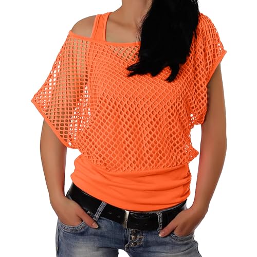 Pdakieyxnd Sexy Oberteil Damen, 80er Jahre Crazy Age Aerobic Bunte fischnetz Frauen Party top Karneval Sommertop Fasching Fest Netzoberteil aktueller Trend in Neonfarben(03 Orange,M) von Pdakieyxnd