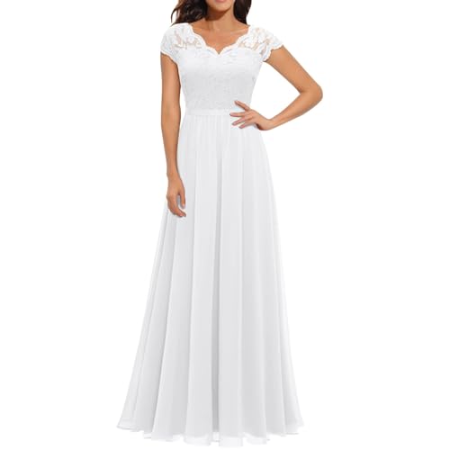 Pdakieyxnd Sommerkleid Damen Lang, Maxikleid Damen Elegant Lang Abendkleid - Spitze V-Ausschnitt Brautjungfernkleider Hochzeitskleid A-Linie Slim Fit Cocktaikleid Ballkleid Cocktaikleider Weiß von Pdakieyxnd
